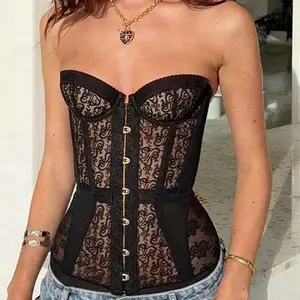Elegant Black Lace Corset with Gold Buttons and Heart Pendant Necklace