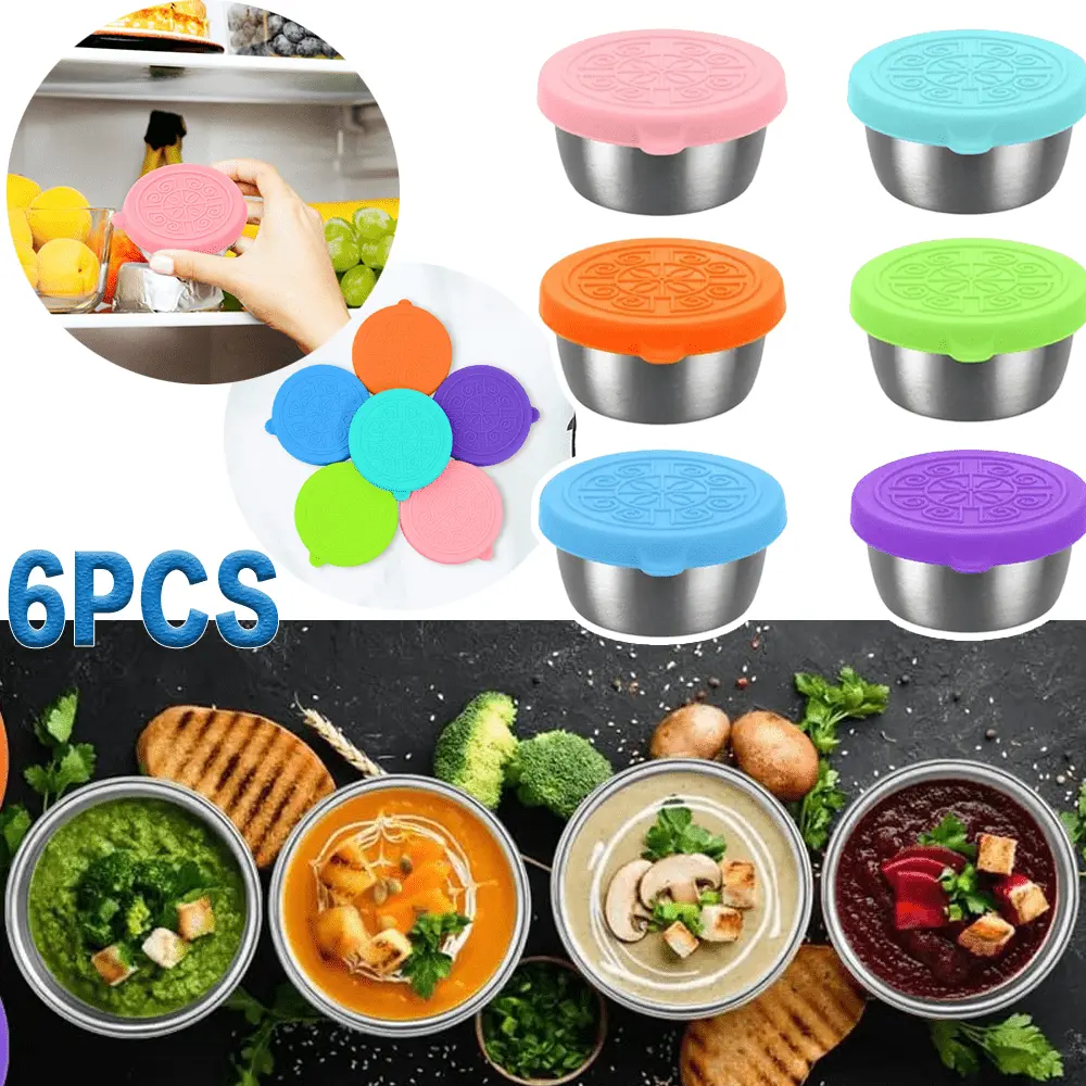 6pcs Stainless Steel Dipping Sauce Cups with Silicone Lids, Reusable Salad Dressing Container To Go, Dip Containers, mini sauce bottles, for snack, dips, salad, condiments,  for Lunch Boxes, Meal Prep, and Travel