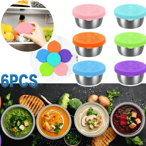 6pcs Stainless Steel Dipping Sauce Cups with Silicone Lids, Reusable Salad Dressing Container To Go, Dip Containers, mini sauce bottles, for snack, dips, salad, condiments,  for Lunch Boxes, Meal Prep, and Travel