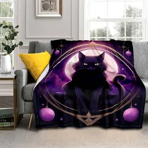 Purple Mysterious Cat Blanket For Home- Lightweight Flannel Throw For Sofa, Bed, Travel, Camping, Livingroom, Office, Couch, Chair, And Bed - Digital Printing Fleece Blanket With Soft And Warm Flannel Fabric