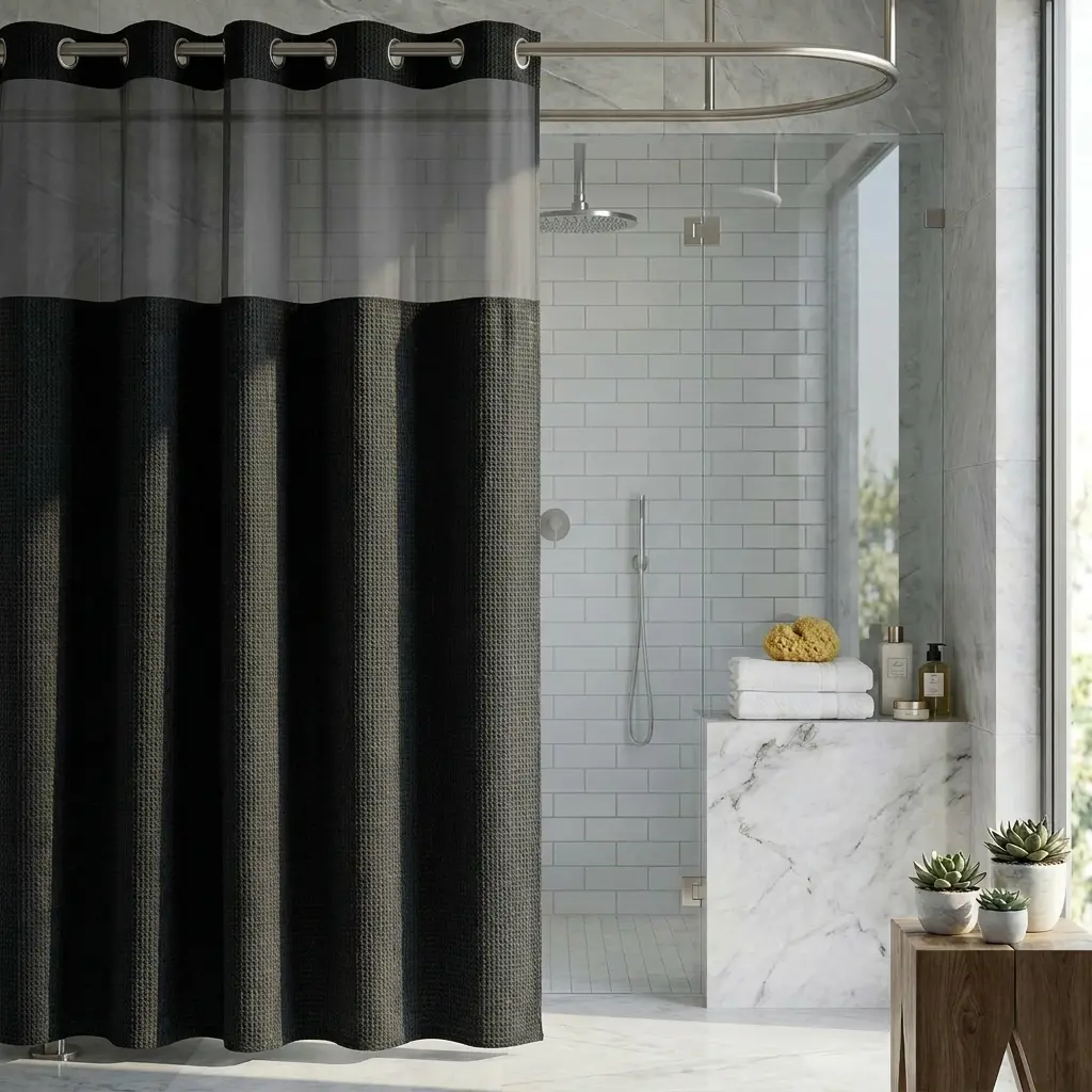 Black Hookless Straight Shower Curtain Set, 72"x75" - Snap-in Fabric Liner, Sheer Window, Anti-Slip Waterproof Double Layer, Hotel-Style Bathroom Shower Curtains