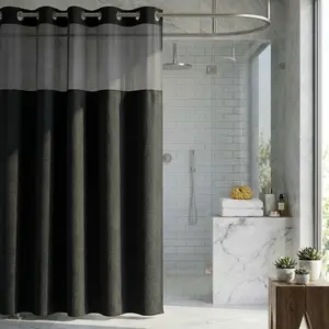 Black Hookless Shower Curtain with Snap-in Fabric Liner & Sheer Window Waterproof Double Layer Hotel Style 72"x75" Black Double Layer Shower Curtain Set