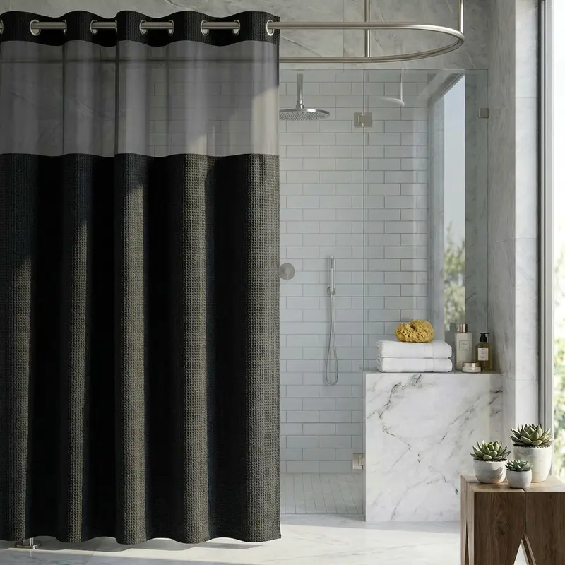 72"x75" Solid Black Straight Waffle Weave Hookless Snap Double Layer Hotel Shower Curtain Set, Snap-in Fabric Liner, Sheer Window, Non-Slip, Waterproof, Adjustable, Water-Draining for Modern Beautiful Bathroom Curtains