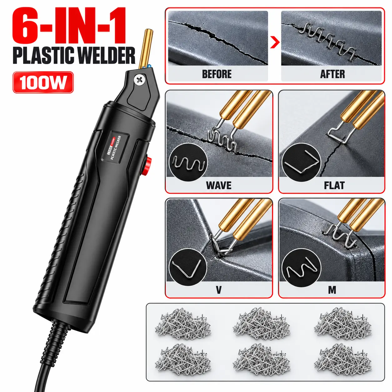 NEW Plastic Welder Portable Mini 100W 110V US Plug Hot Plastic Weld Repair Tool With 200Welding Nails Plastic Repair Welding Pen Use For Repair Car Bumper , Dashboard , Most Plastic Cracks