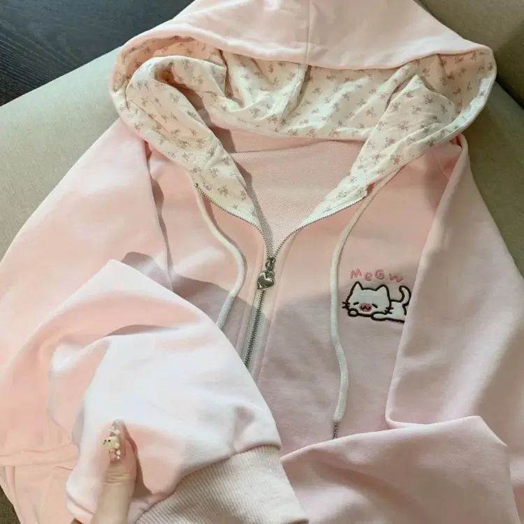Japanese Sweet Kawaii Cartoon Embroidery Hoodie Women Y2k Aesthetic Pocket Patchwork Jacket Casual Grunge Zipper Sweatshirts New