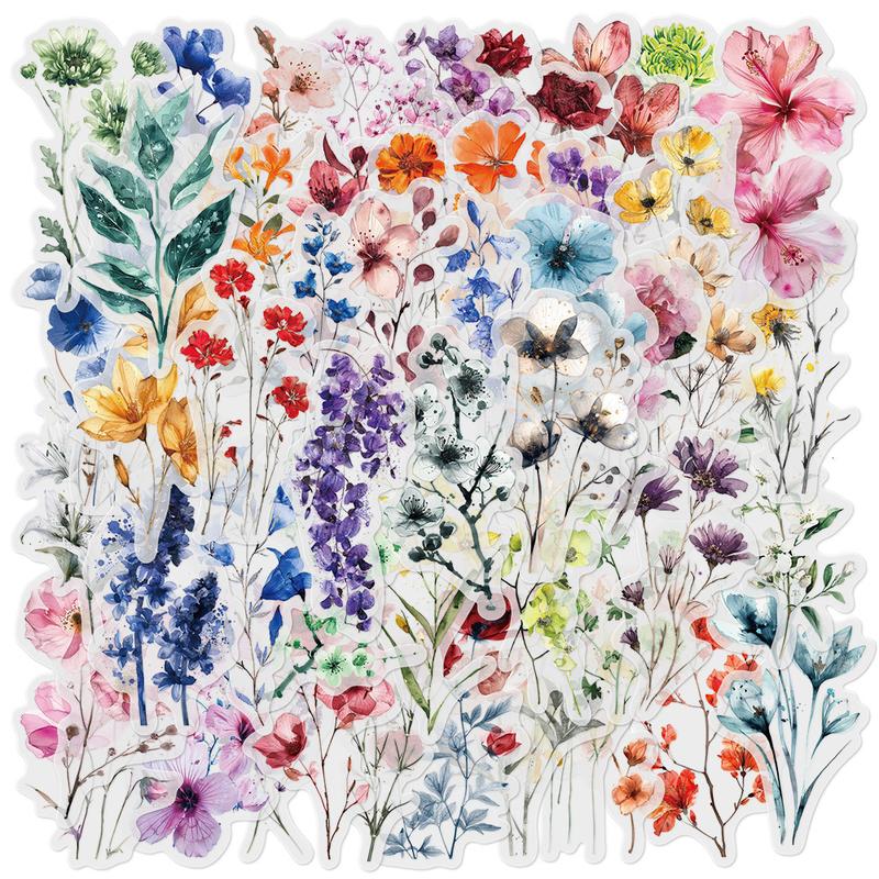 50 Watercolor Floral Transparent PET Stickers - Suitable for Waterproof Decorative DIY Stickers for Suitcases, Phone Cases, Laptops, Helmets, Skateboards