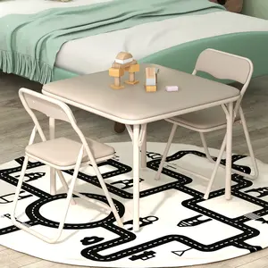 Kids Folding Table and Chairs Set, 3-Piece Folding Square Table and Chairs for Daycare and Classrooms, Kids Activity Set with 1 Table & 2 PU Leather Chairs, Playroom Table Set for 4-8 Years , Black
