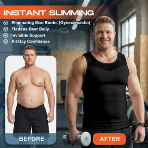 【ruflum】Men Compression Shapewear Tank Top Seamless Undershirts Bionic Targeted Tummy Support Eliminate Man Boobs X-Shape Back Stretch Posture Correction Breathable Mesh Fabric Basic Menswear for Special Events Business Dating Sports Gym, Holiday Gift