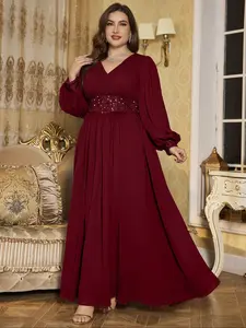 V Neck Pleated Long Sleeve Lantern Dress with Beaded Waist Decoration, Elegant Formal Chiffon Maxi Gown for Special Occasions