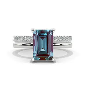 3Ct Alexandrite Engagement Ring Halo Elongated Radiant Cut Alexandrite Engagement Ring, 9x7mm Elongated Radiant Cut Alexandrite Engagement Ring with Eternity Band