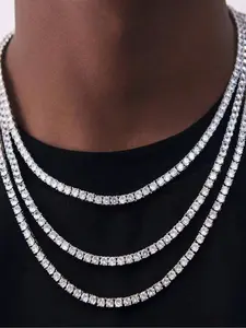 Unisex Silver Color Tennis Necklace, Statement Necklace, Hip Hop Style Jewelry, Perfect for Parties & Daily Wear, Copper Chain, All Seasons