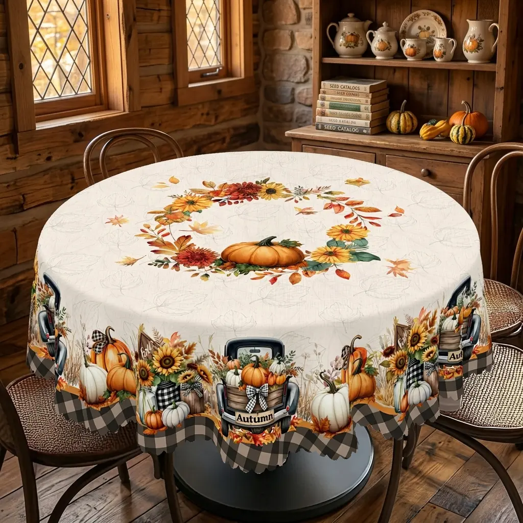 Fall Pumpkin Truck Tablecloth, Autumn Sunflower Farmhouse Table Cover for Dining Table, Kitchen, Thanksgiving and Harvest Decor