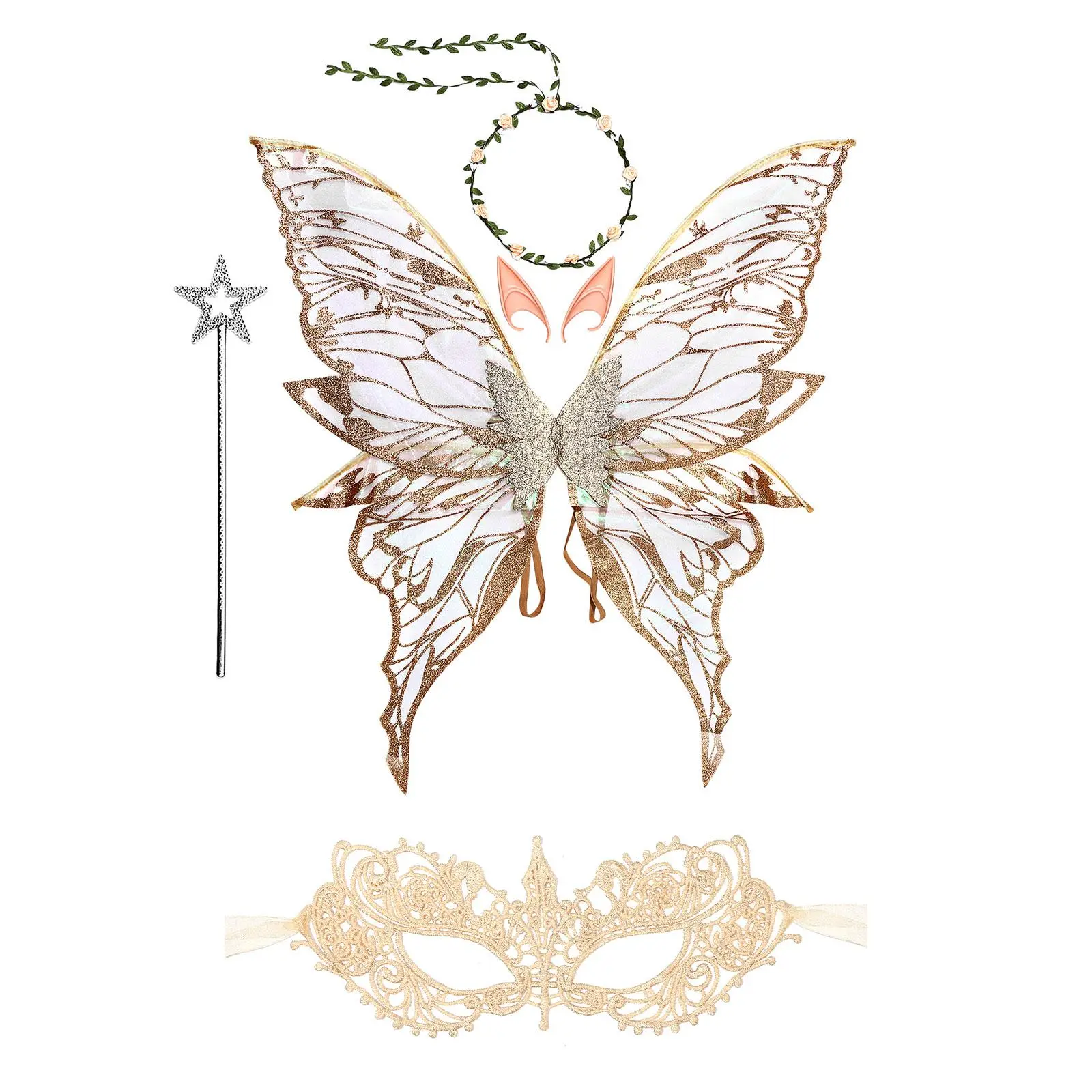 OIDEA Halloween Fairy Costume Set - Smooth, Colorful Fairy Butterfly Angel Wings, Ribbon Flower Garland, Adjustable Magic Wand, Elf Ears, Coordinate Venetian Lace Masquerade Mask