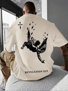 Unisex Men's Angel & Letter Print Round Neck Drop Shoulder Tee, Loose Graphic Short Sleeve Crew Neck T-Shirt, Casual Menswear Top for Summer