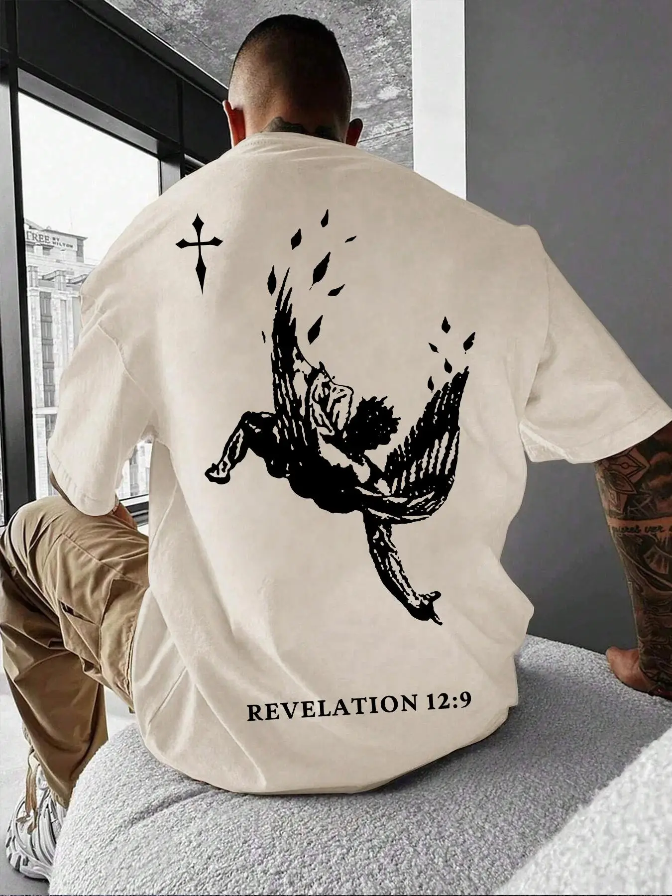 Unisex Men's Angel & Letter Print Round Neck Drop Shoulder Tee, Loose Graphic Short Sleeve Crew Neck T-Shirt, Casual Menswear Top for Summer