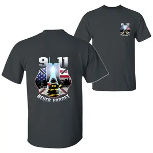 9/11 Never Forget Firefighter T-Shirt, Twin Towers Tribute Graphic, Patriotic Memorial Tee Honoring the 343 Heroes Lost, Gift for First Responders & Proud Americans