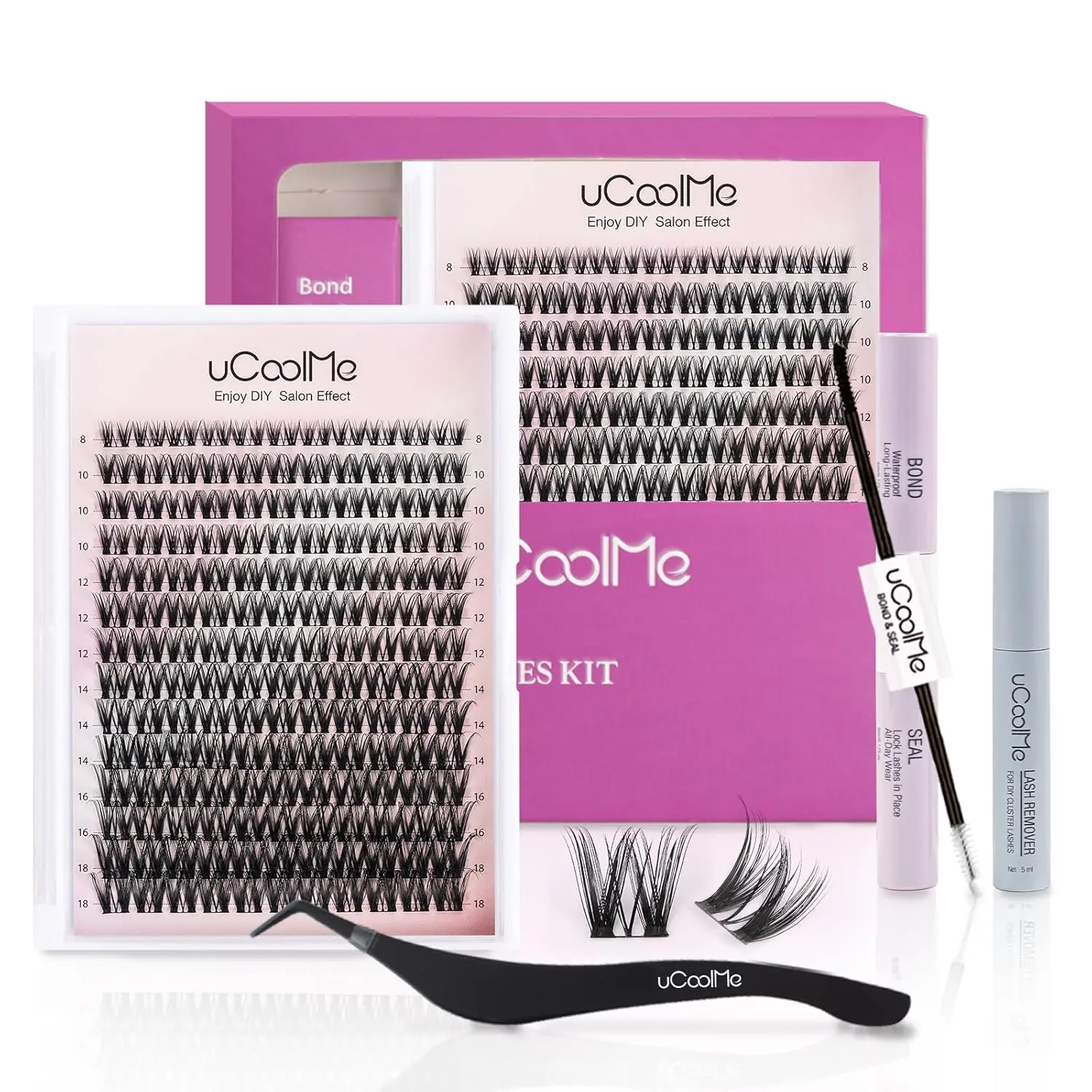 uCoolMe Hybrid Volume Wispy Eyelash Clusters D Curl - DIY Eyelash Extension Kit Spiky Cat Eye Lashes Individual Fake Eyelashes Clusters Kit 0.05mm Ultra-Thin Black Band