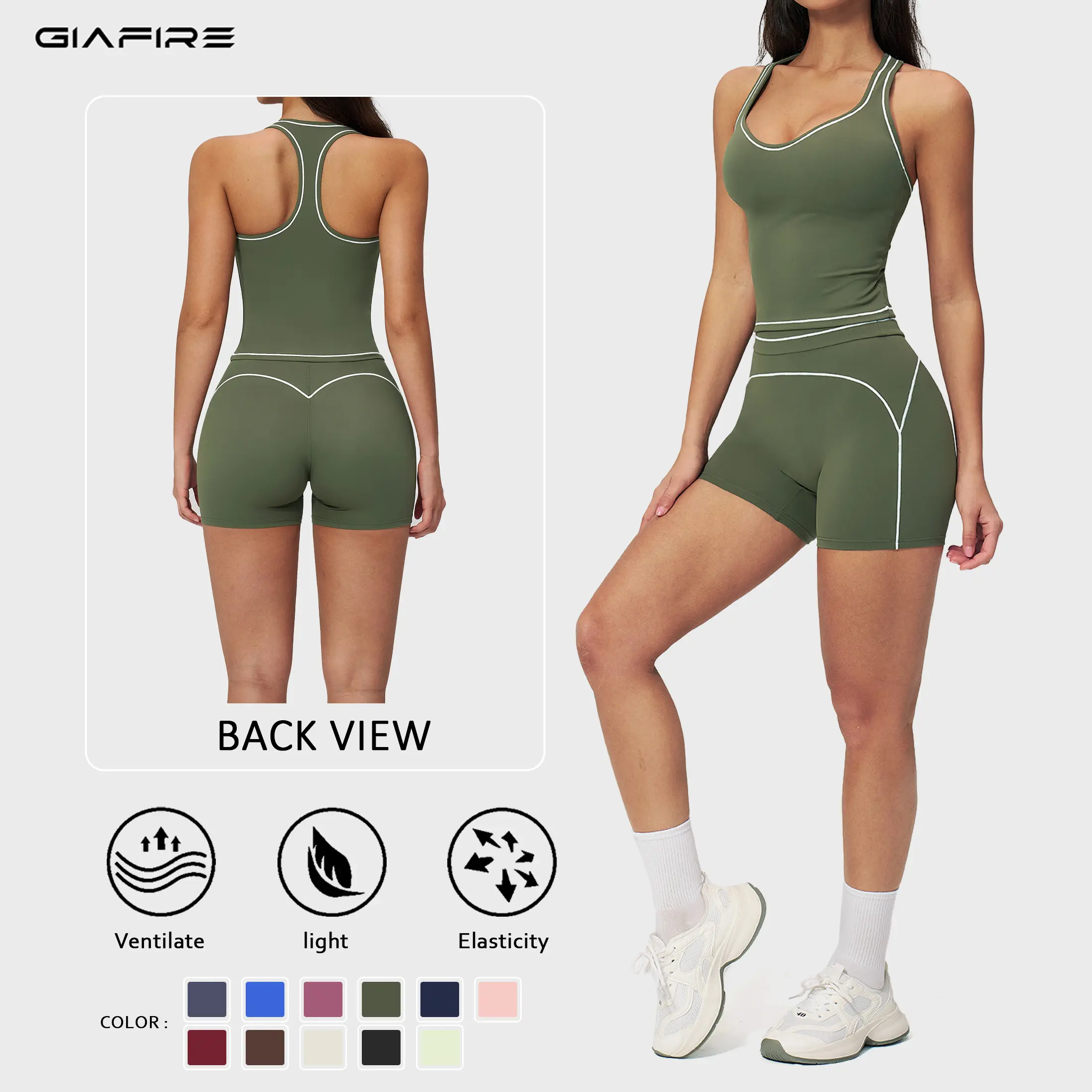 GIAFIRE Women’s Two-Piece Sports Set – 3D Contrast-Line Tank Top and High-Waisted Shorts, Highly Elastic Fabric, Breathable and Quick-Dry, Tummy Control Yoga Fitness Wear, Suitable for Sports, Everyday Casual Wear