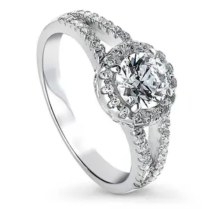 BERRICLE Sterling Silver Halo Engagement Promise Rings Split Shank Ring for Her, Round Cut Cubic Zirconia CZ
