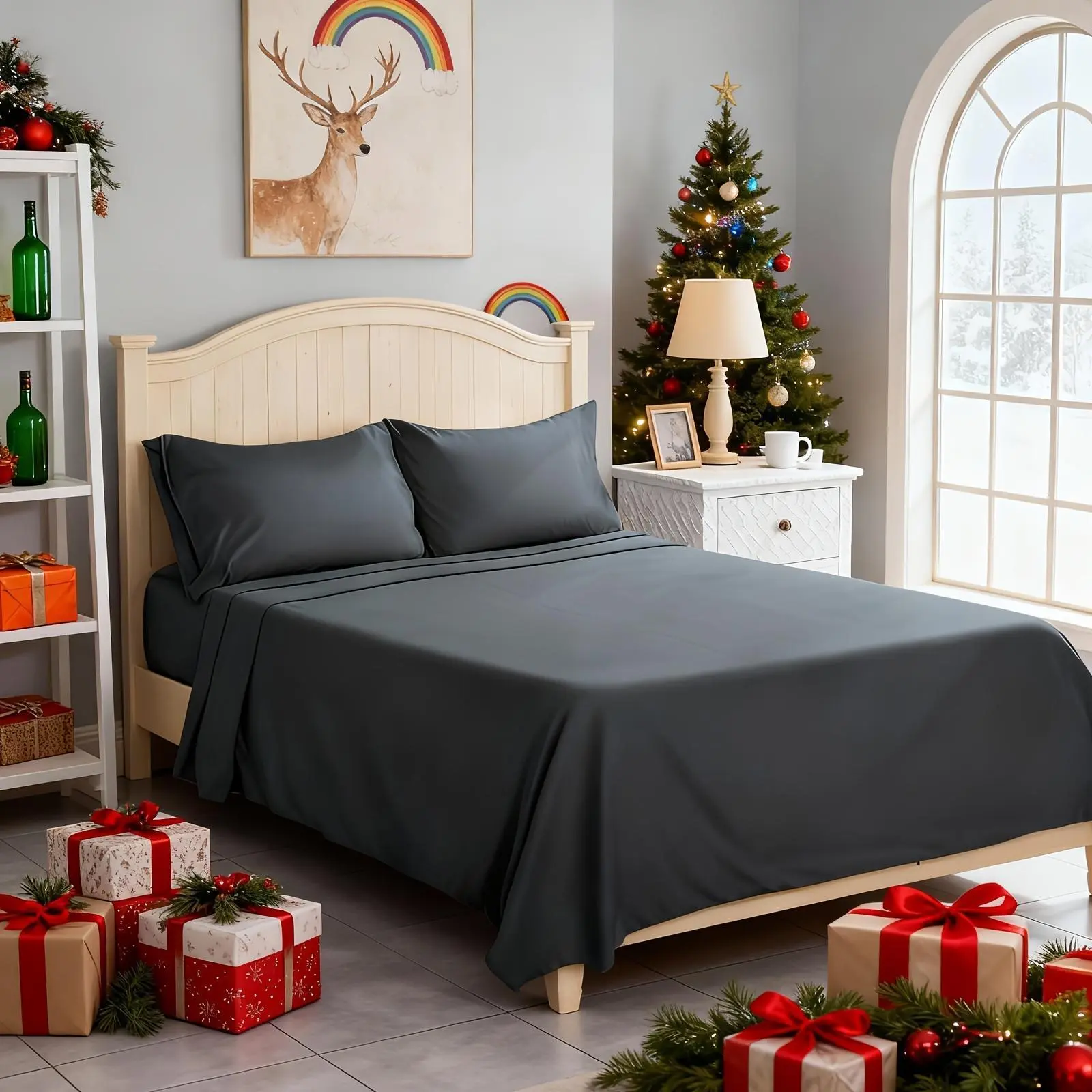 4pcs Solid Color Ultra-comfortable Bed Sheets Set, Sanded & Wear-Resistant Sheet Set, Machine-Washable All-Season Essential Christmas Sheets Set, Christmas Bedroom Decor, Holiday Bed Set, Christmas Comforter Set(1 Flat, 1 Fitted, 2 Pillowcases)