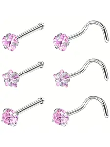 6-Piece Anti-Allergy Surgical Steel Nose Studs Set, 20g L-Shaped Spiral Rings & Zircon Earrings, 3mm Nose Piercing Jewelry, Nose Piercings Kit for Men Women