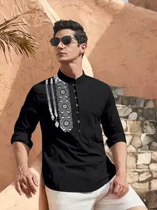 A must-have men's casual half-open placket pullover shirt, stand collar with button design, skin-friendly texture, accented with ethnic print, long sleeve cut, trendy and versatile, suitable for daily and outdoor activities in spring and autumn.