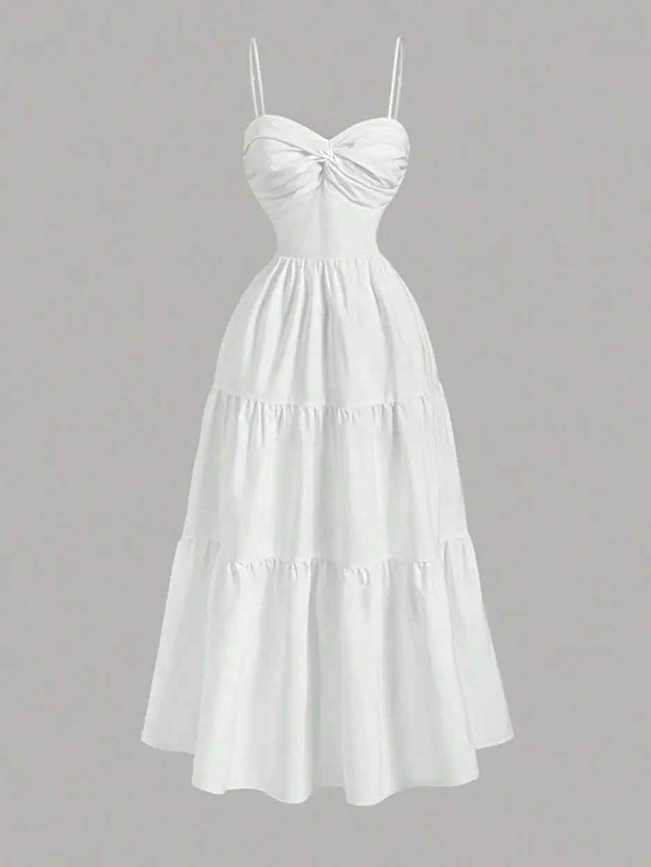 Twist Front Ruffle Layered Boho Dress, Cinched Waist Elegant Wedding Guest Outfit
