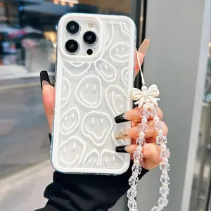 Smile Face Pattern Phone Case with Beaded Lanyard, Decorative Phone Protector Cover, Phone Accessories Compatible with iPhone 11 12 13 14 15 Pro Max, Casing