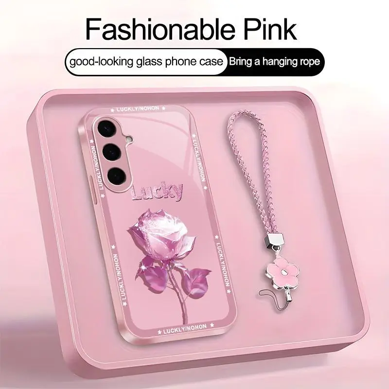 Suitable for [Galaxy S24] high-end women's phone case🤩，a beautiful four-leaf clover lanyard is included🍀，exquisite and sophisticated rose pattern, a phone case that brings you good luck YM99