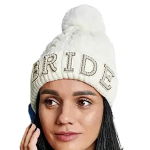 Elastic Windproof Beanie with Pearl BRIDE Letter Shopping Hat for Woman