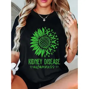 Women's Black Cotton Short Sleeve Crew Neck T-Shirt with Kidney Disease Awareness Sunflower Print Graphic | 180g Casual Soft Breathable Top Ideal for Kidney Health Supporters | Comfortable Everyday Wear Tee for Ladies