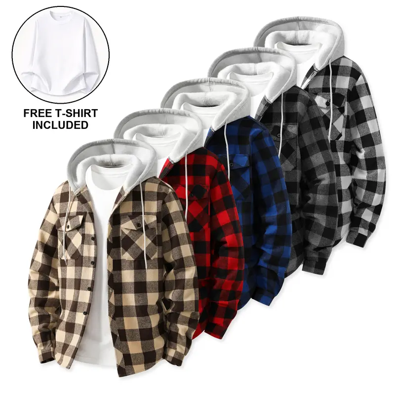 Men's 2-Pack Checked Hooded Flannel Shacket - Button Down Long Sleeve Casual Fit Outerwear, Oversized Coat for Fall Winter Daily Look Outdoor Use,sohochic