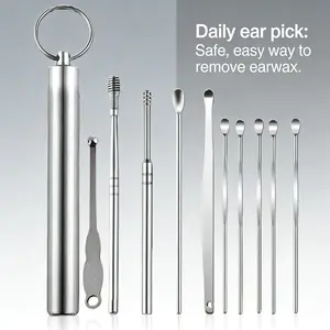 Stainless steel ear cleaning tools (10 pieces), perfect for digging, scooping, scraping, and brushing – ensuring clean and safe ear cleaning.  Achieve complete ear canal cleaning in one go.