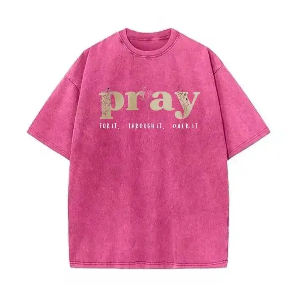 Men's Christian Short-Sleeve T-Shirt - Casual Round Neck Washed Crewneck Faith Top with "Pray for It, Pray Over It" & "Jesus Over Everything" Bible Verses, Shortsleeve