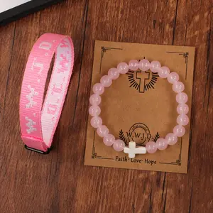 Two-piece bracelet set with letter cards, natural stone woven bracelet, cross pendant, punk jewelry