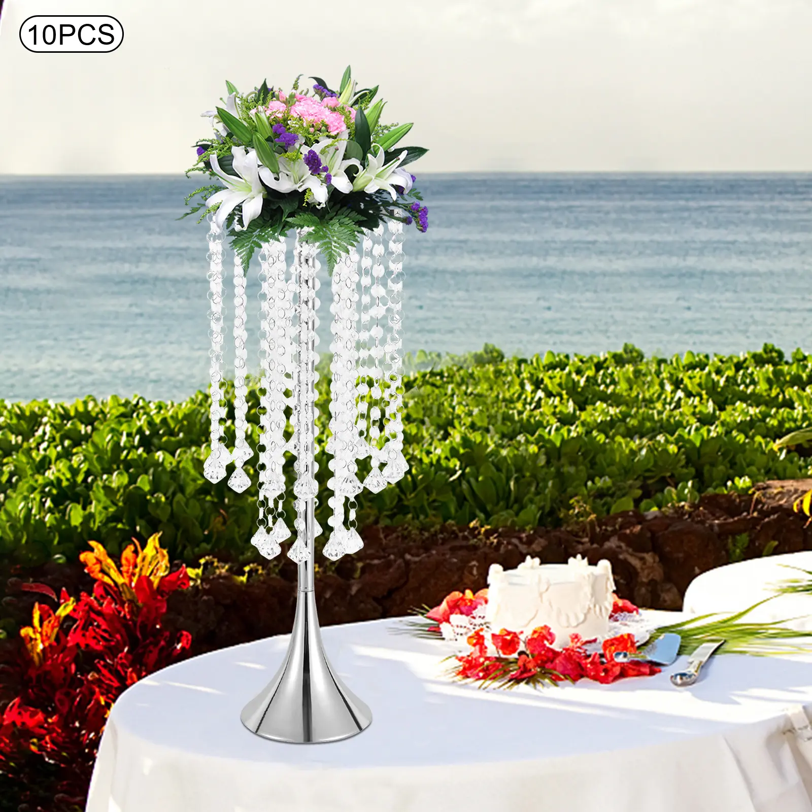 10-Piece Romantic Silver Crystal Flower Vase Set - Hand-Strung Acrylic Beads, Pendants, Electroplated Iron Trumpet-Shaped Durable European Home Supplies, Wedding Decor, Birthday Parties Shimmering Centerpieces (Bouquet, Artificial Floral Options)