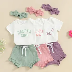 Newborn Baby Girls Summer Outfits Daddys Girl Short Sleeve Romper Ribbed Ruffled Shorts Headband 3Pcs Clothes 0-18M