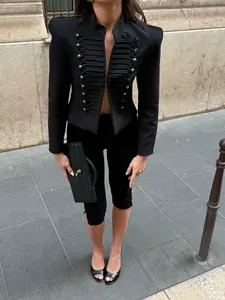 New Indefeir Women's New Traditional Style Formal Button Stand Collar Long Sleeve Jacket with Shoulder Pads, Slim Fit Blazer Outerwear