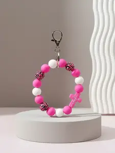 Leopard Wood Beads Keychain, Multi-colored Silicone Beads, Crossover Letters Bag Pendant, Car Key Pendant, Gift for Friends