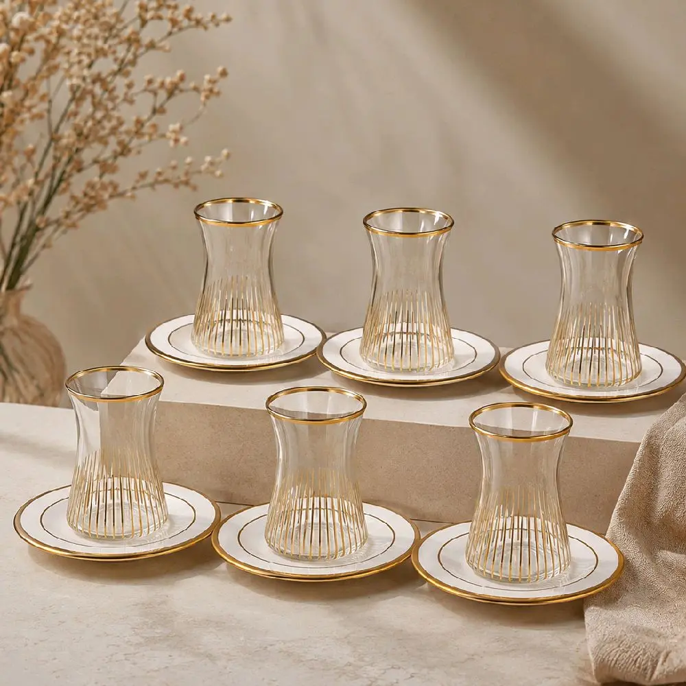 White and Gold Striped Lines Six Piece Tea Set White and Gold Striped Lines Six Piece Tea Set