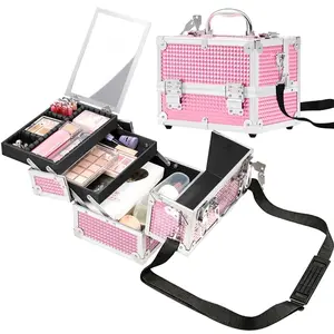 【Built-in Mirror】Yaheetech  Makeup & Nail Art Train Case Multi-functional Lockable Cosmetic Storage Organizer Box with 2 Trays, Compartment, Adjustable Dividers for Makeup Tools/Manicure Supplies/Jewelry