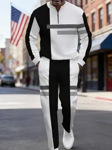 Men's Comfortable Half-Zip Tracksuit - Stand Collar Color-Block Stripe Print Slim-Fit Athletic Set