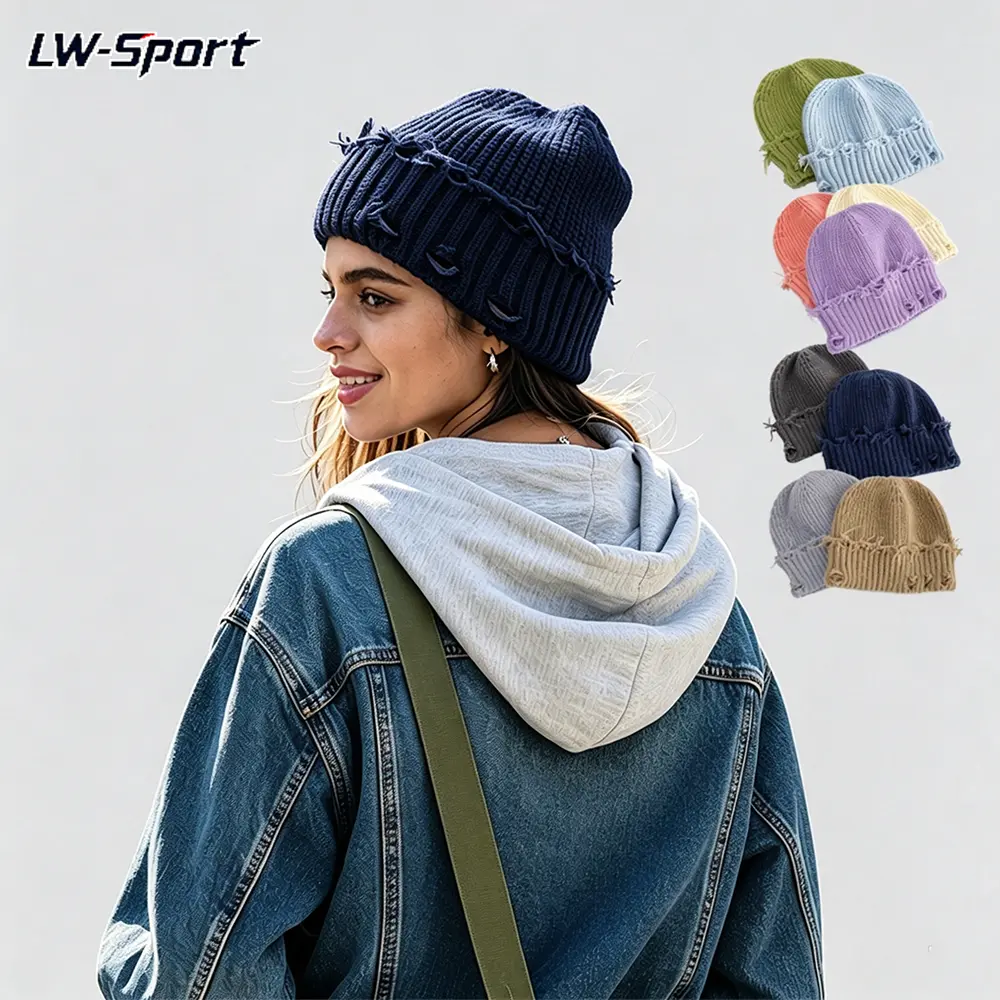 Distressed Knit Beanie Hat for Women Men, Stretchy Ribbed Frayed Ripped Winter Skull Cap, Soft Warm Breathable Slouchy Beanie, Vintage Grunge Streetwear Fashion Hat, Casual Everyday Fall Outdoor Warm Hat for Teens Adults Multi Colors