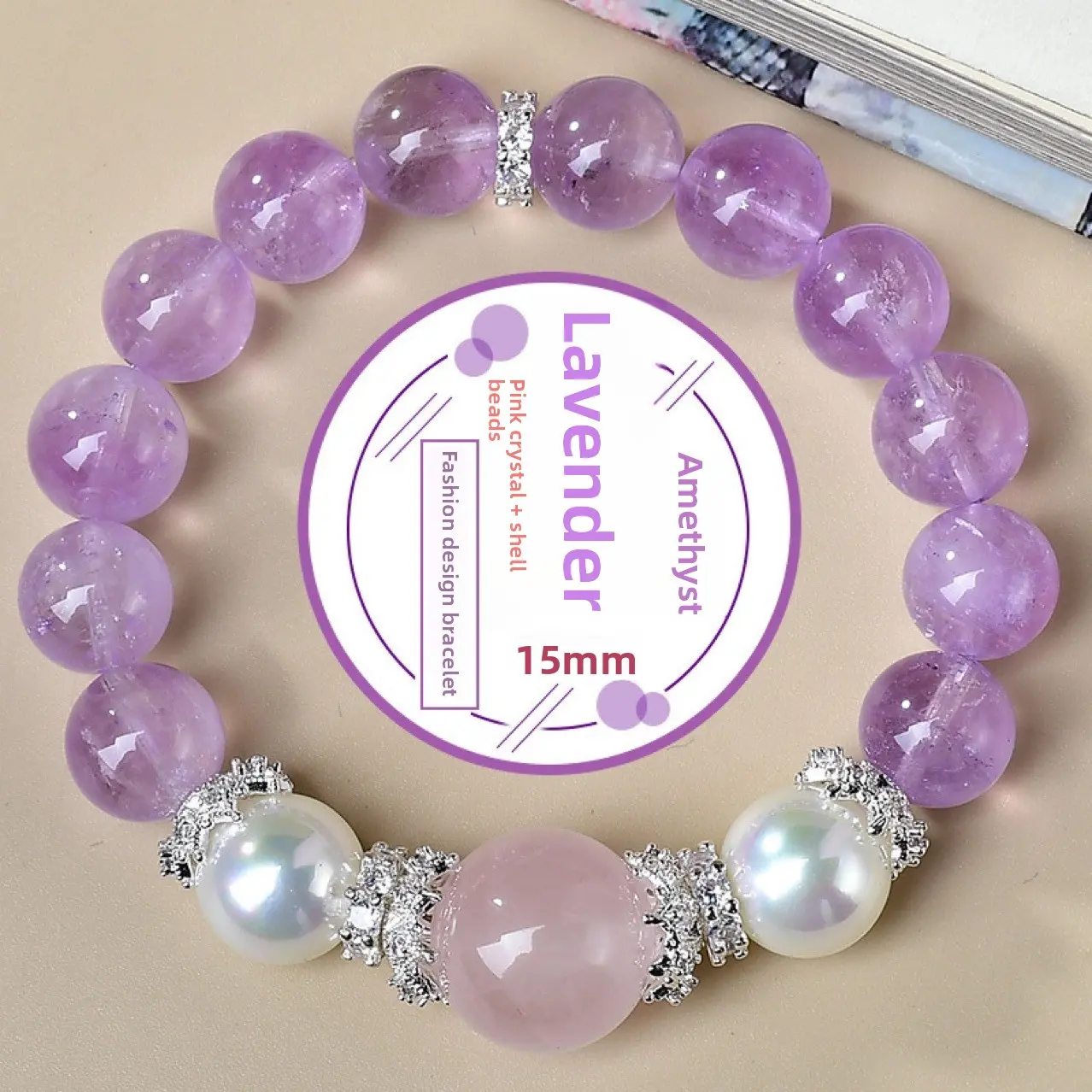Natural Lavender Amethyst Crystal Main Bead Pearl Design Bracelet, Handmade Jewelry for Women, Healing Energy Accessory