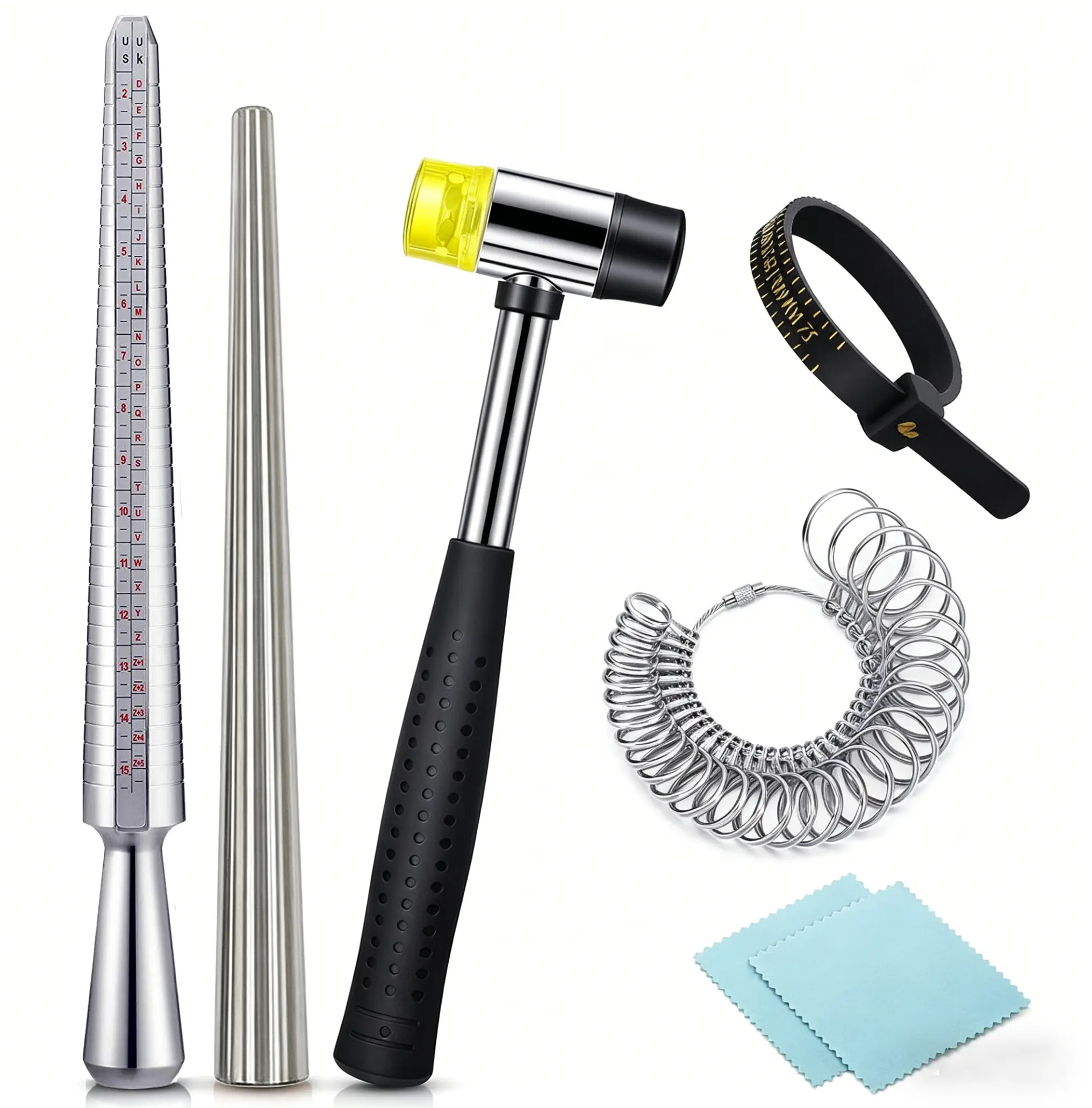 Jewelers' Complete Ring Sizing Tool Kit - Metal Round Mandrel (US/UK), Accurate Sizer Gauge Set, Dual-Head Hammer, Measuring Tape, Polishing Cloths (Choking Hazard Small Parts; For Engagement Adjustments)