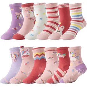 12 Pairs Baby Girls Toddlers Grips Socks Non Slip Anti Skid Unicorn Striped Crew Cotton Gift Socks for Kids
