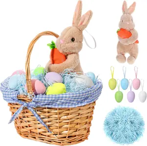 Easter Bunny Gift Basket, Include Wicker Basket with Liner Gingham, Easter Plush Bunny, Easter Eggs, Raffia Paper Grass, Easter Gifts for Decoration(Blue)