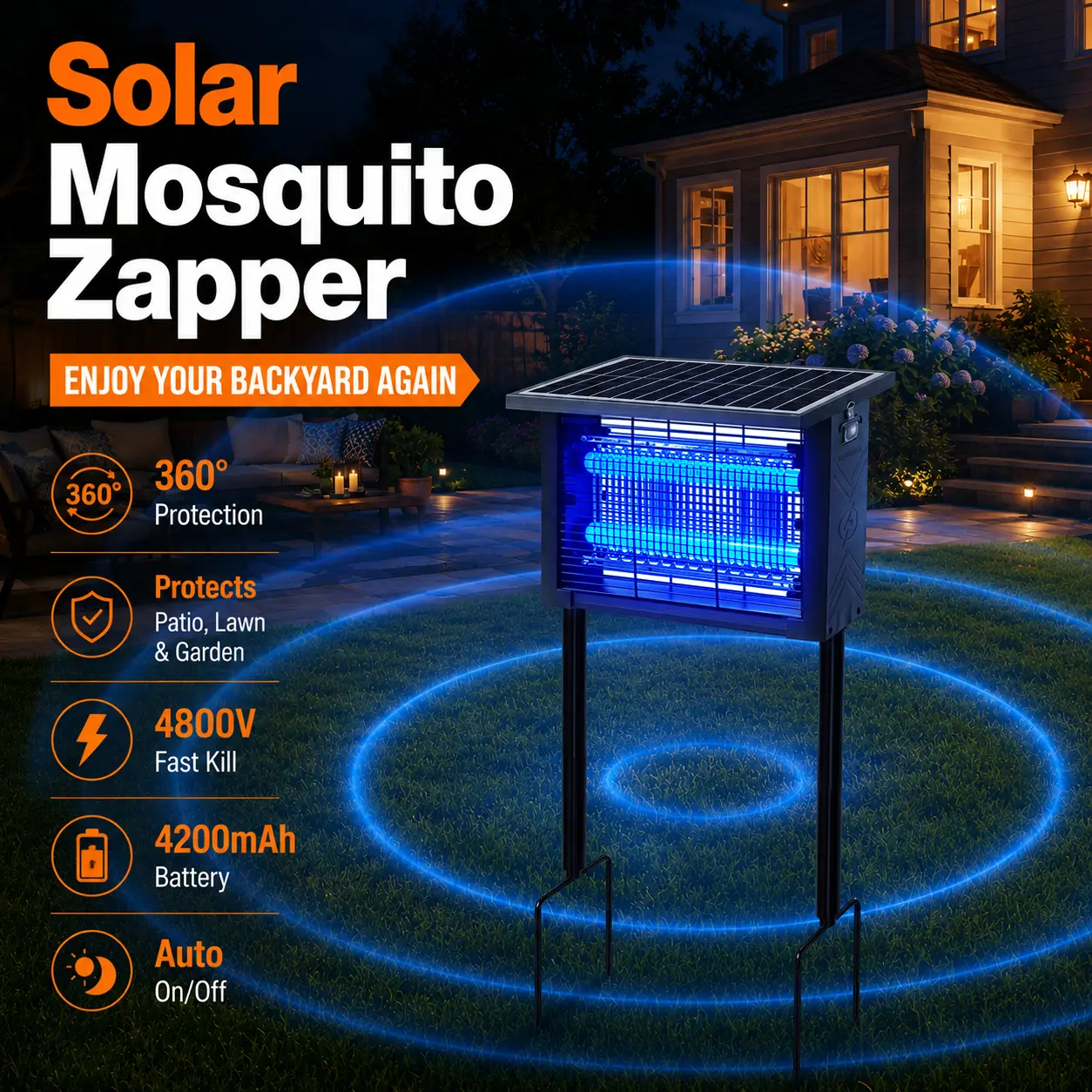 Outdoor solar mosquito killer lamp waterproof rating featuring a 4800V high-voltage electric grid; supports dual solar and USB charging with automatic on/off functionality—suitable for use in courtyards, gardens, and basements