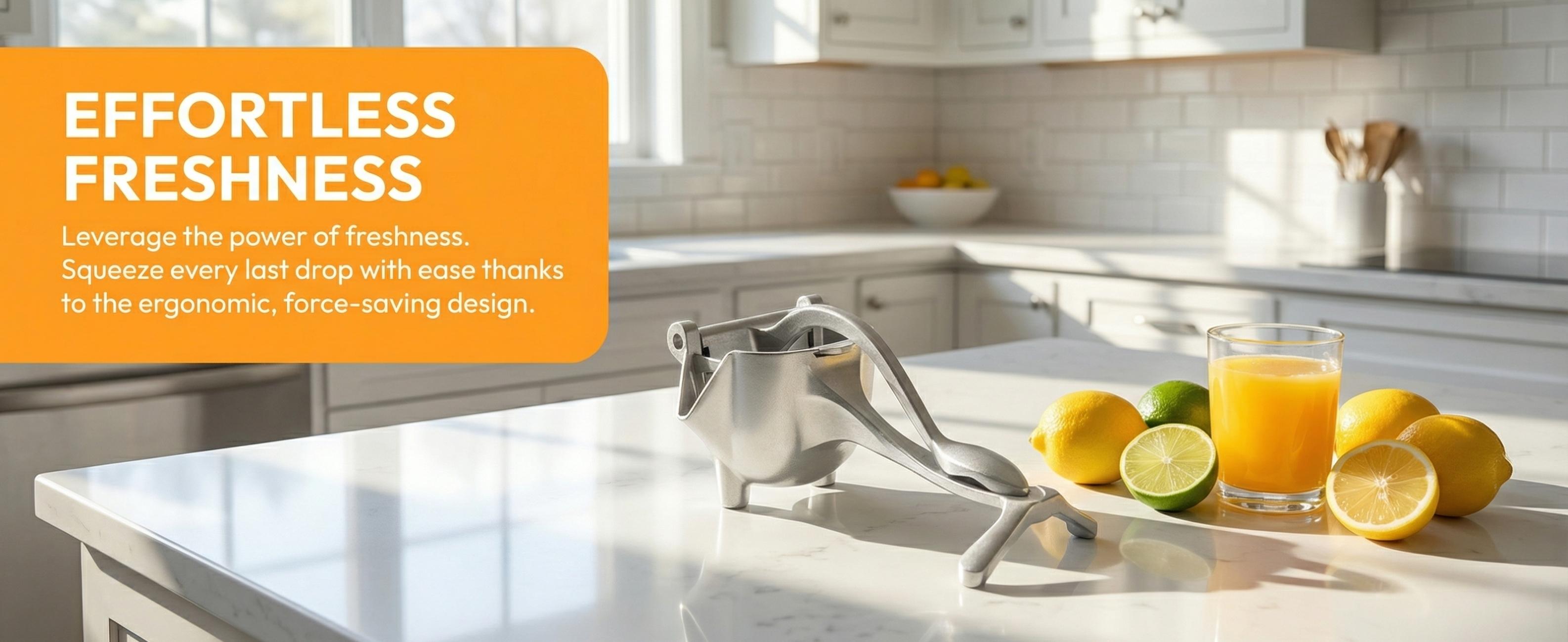 Elevate Your Kitchen with Our Premium Manual Juicer. It features an ergonomic comfort grip handle, durable aluminum construction, and mess-free juicing for oranges, lemons, limes and more. A sophisticated, electric-free essential for healthy living.