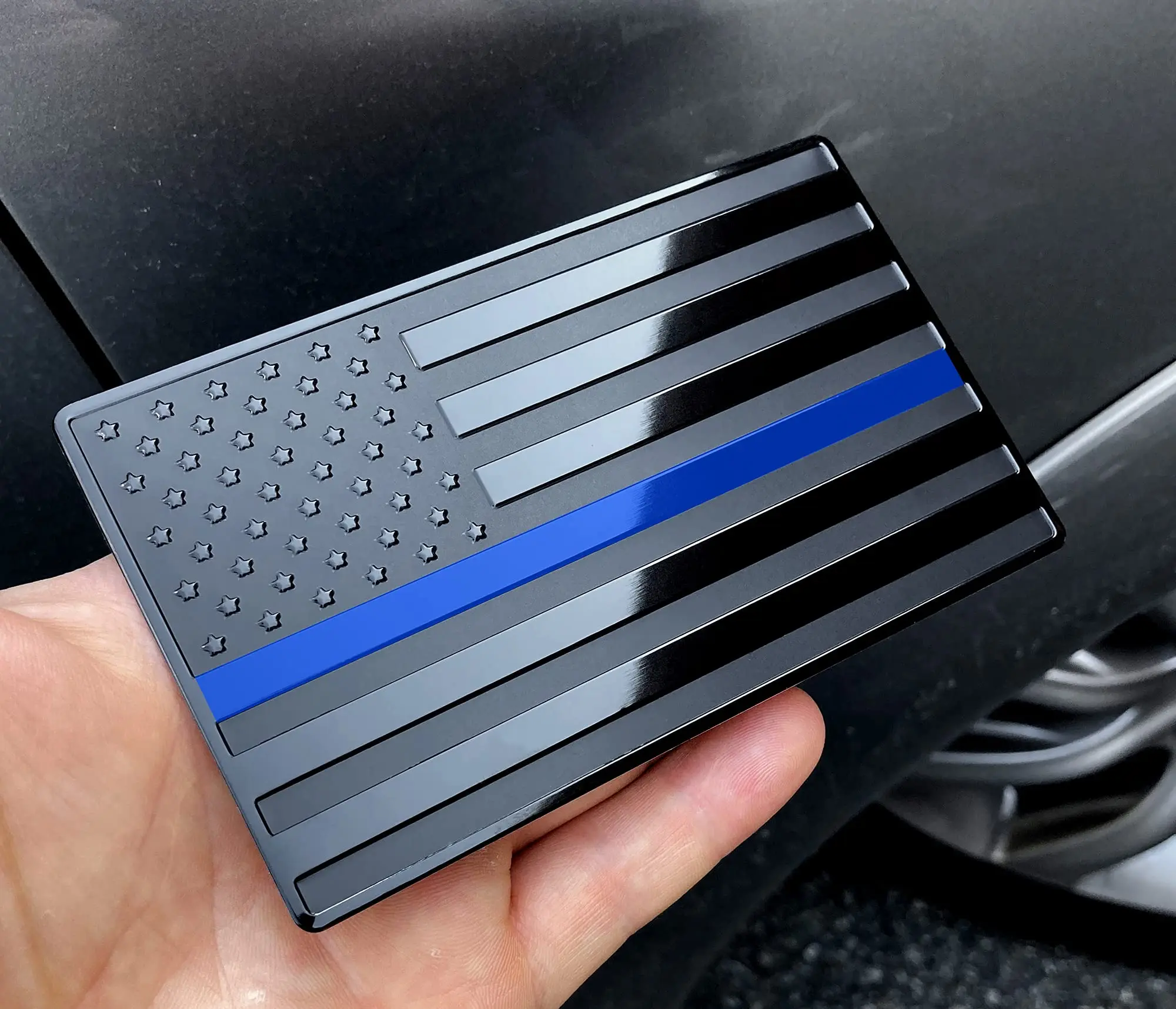 5"x3" Modern Thin Blue Line American Flag Stainless Steel Metal Emblem - Glueless Easy Peel-Stick Embossed Automobile Decal, Long-Wearing, Weatherproof, UV-Resistant for Car Bumper Grille Badge (Black)